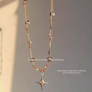 Boho North Star Pendant Necklace - Adjustable Brown Rope Chain