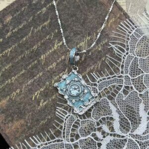 Vintage Tarot Card Blue Crystal Pendant Necklace with Enamel Detail